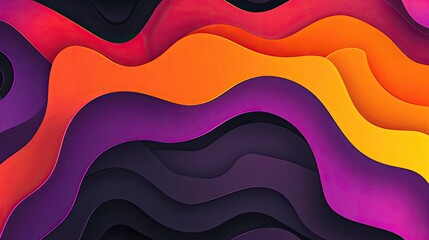 A colorful, abstract painting with purple and orange waves.