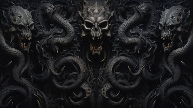 Dark Demonic Skulls and Tentacles Seamless Abstract Background
