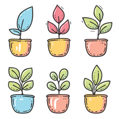 Six doodle style potted plants, colorful simple plant illustrations. Set handdrawn houseplants vibrant flower pots, cartoon vegetation. Indoor gardening clipart, botanical vector collection