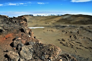 View of Kibo crater taken from Uhuru Peak (5895 m, Africa's highest point) in September 2022 documenting the shrinking of glaciers and ice fields (Kilimanjaro National Park, Tanzania)