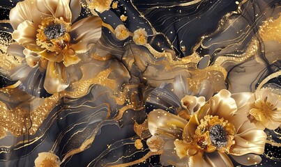 Immerse yourself in the mesmerizing beauty of fractal flowers against a golden and black liquid marble background, reminiscent of resin geode and abstract art. Experience the fusion of art 