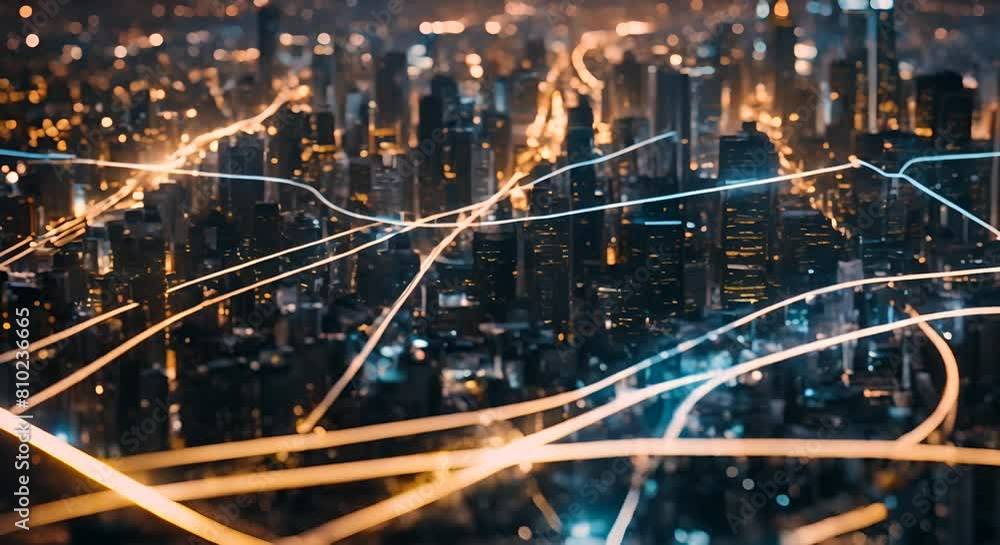 Poster abstract financial data visualization with cityscape and graph lines