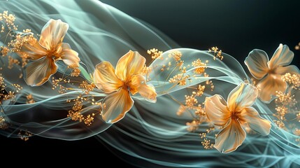 Capture the elegance of a shimmering, golden ribbon unfurling in a digital artwork, intertwining with delicate floral elements in a photorealistic style