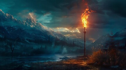 Capture the essence of a majestic torch standing tall against a sweeping landscape, its flames dancing in the wind, igniting the scene with fiery intensity