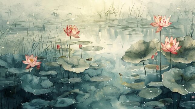 Capture the serene beauty of a tranquil pond filled with lotus flowers