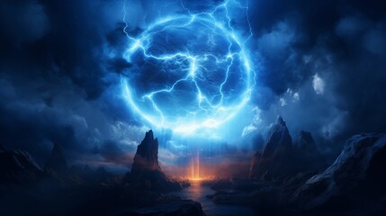 Majestic Nighttime Storm with Electric Vortex Over Mountainous Landscape