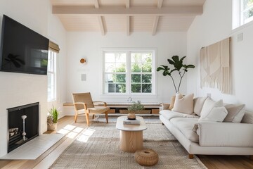 Fototapeta premium Scandinavian-Inspired Minimalist Living Room with Natural Tones and Botanical Accents
