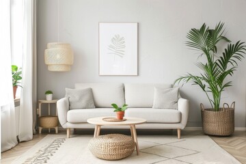 Scandinavian-Inspired Minimalist Living Room with Natural Tones and Botanical Accents