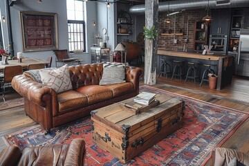 Eclectic Loft Lounge Space: Mix of industrial and vintage furniture, distressed leather sofa, exposed ductwork, salvaged wood coffee table