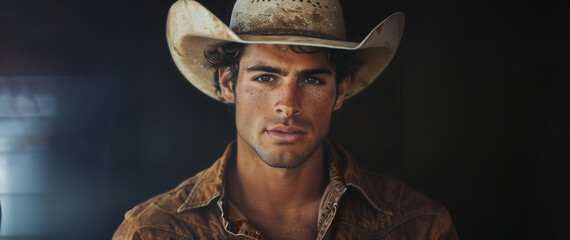 A cinematic portrait, a confident handsome young cowboy with dark hair. He has dirt on his face, and wears a tattered cowboy hat and the clothing of a rancher or rodeo rider