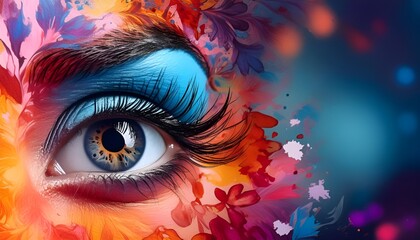 A vibrant and colorful artistic representation of an eye., space for text; color scheme accented
