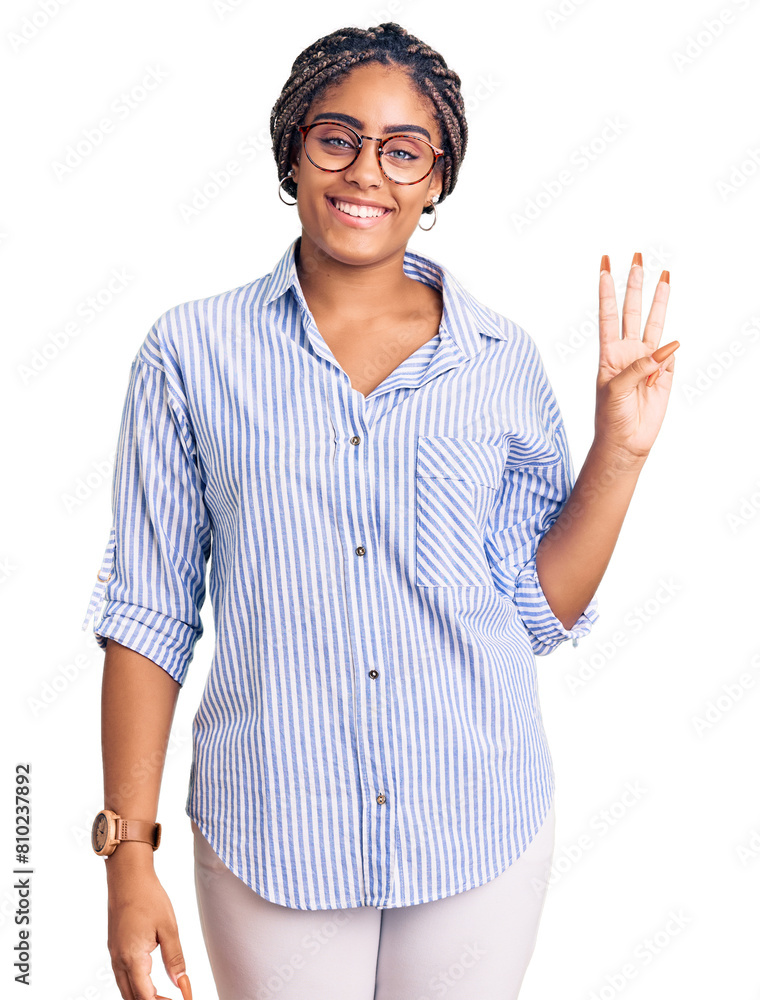 Canvas Prints Young african american woman with braids wearing casual clothes and glasses showing and pointing up with fingers number three while smiling confident and happy.