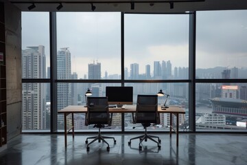 Fototapeta premium Urban Skyline Office with Triple Monitor Setup and Expansive City Views