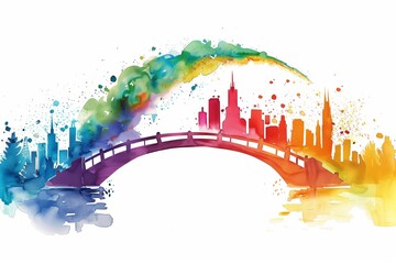 Watercolor skyline with a colorful bridge spanning over a vivid cityscape in bold hues