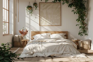 Nordic Minimalist Bedroom Mockup: A minimalist bedroom with Nordic-inspired decor featuring clean lines, natural materials, and muted colors