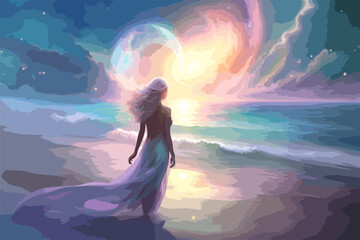 High Detailed Full Color Vector - Surreal Colorful Fantasy Image of Woman on Beach, Vector EPS