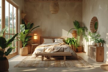 Organic Minimalist Bedroom Mockup: A minimalist bedroom with organic, natural elements such as wooden furniture, linen bedding, and potted plants