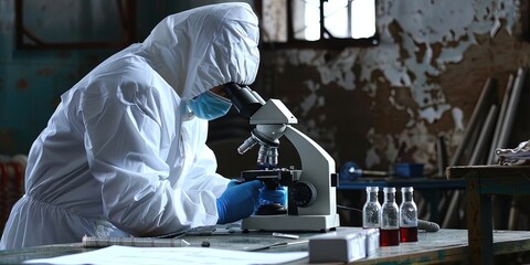 photo of epidemiologist in protective gear using microscope