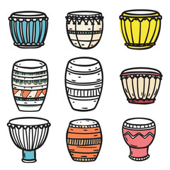 Collection various handdrawn drums ethnic musical instruments. Colorful percussion instruments isolated white background. Decorative drum set, traditional music concept