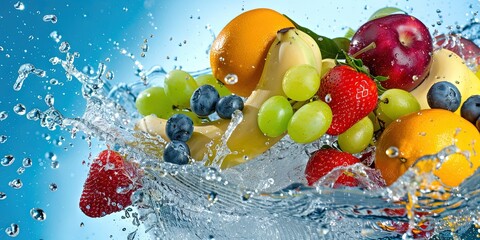 fresh bright tropical fruits background with water splashes