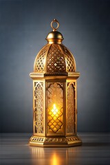Elegantly islamic lantern glowing warmly against a blurred poster background, symbolizing ramadan and eid celebrations for cultural and religious backgrounds or greeting designs