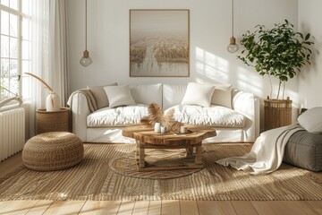 Scandinavian-inspired Living Room Mockup: A light-filled space with neutral tones, natural textures, and cozy furnishings