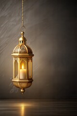 Traditional islamic lantern with intricate metalwork detail, glowing warmly against a textured, dark backdrop, symbolizing the holy months of ramadan and eid celebrations