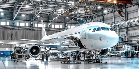 commercial airliner jet built by aerospace engineering. being loaded in private hanger