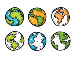 Six cartoon planet Earth illustrations featuring different landmasses oceans. Handdrawn globes green, blue, orange colors, showing continents water bodies. Isolated white background, various Earth