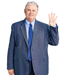 Senior grey-haired man wearing business jacket showing and pointing up with fingers number four while smiling confident and happy.