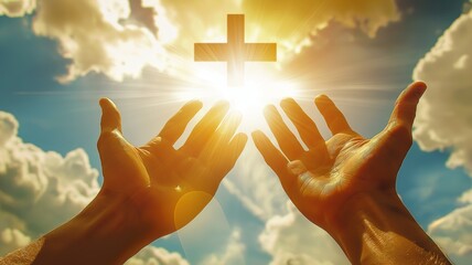 backlit image of a believer hands to heaven worshiping the cross