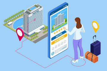 Isometric online hotel booking concept. Young woman holding a smartphone with booking room app on screen. Smartphone maps gps location © Golden Sikorka
