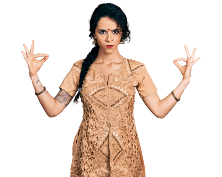 Young indian woman doing gyan mudra skeptic and nervous, frowning upset because of problem. negative person.