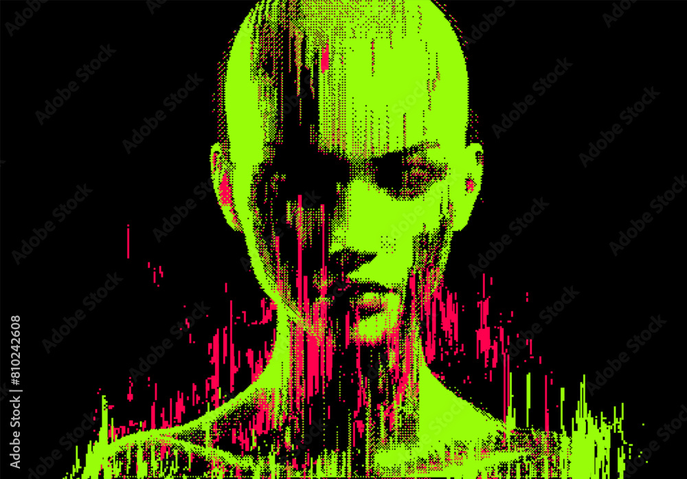 Poster distorted silhouette of a bald human head. conceptual image of facial recognition and anonymity syst