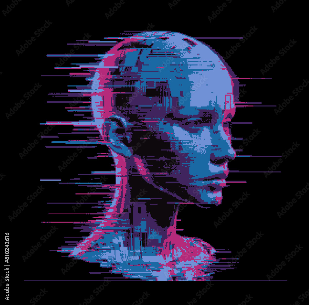 Aufkleber glitched and pixelated silhouette of a 3d human head on a dark background. conceptual vector illustr