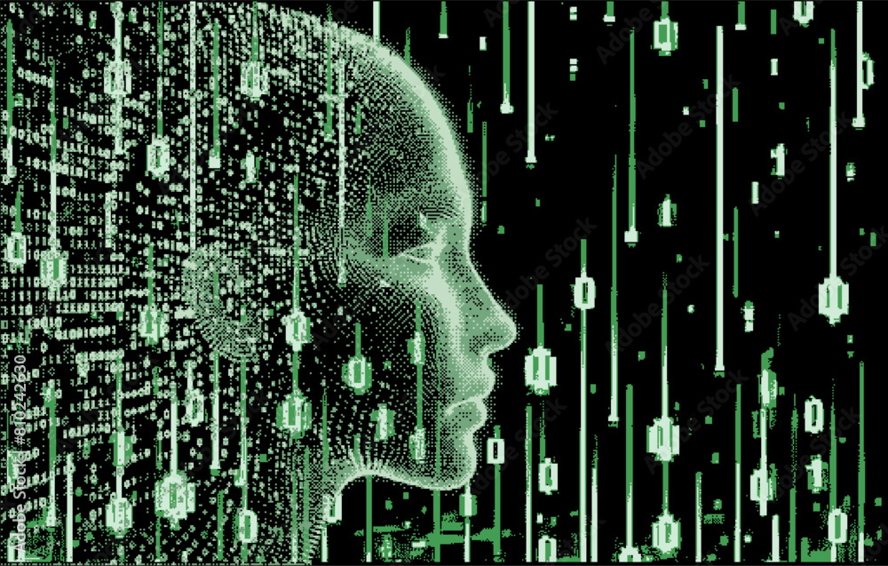 Poster Silhouette of a human head made of binary code. Conceptual image of Artificial Intelligence, Virtual Reality, Deep Learning and Face recognition systems. Cyberpunk style vector illustration.