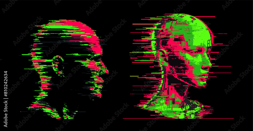 Poster glitchy pixelated green and red 3d human face silhouettes on dark background. conceptual vector illu