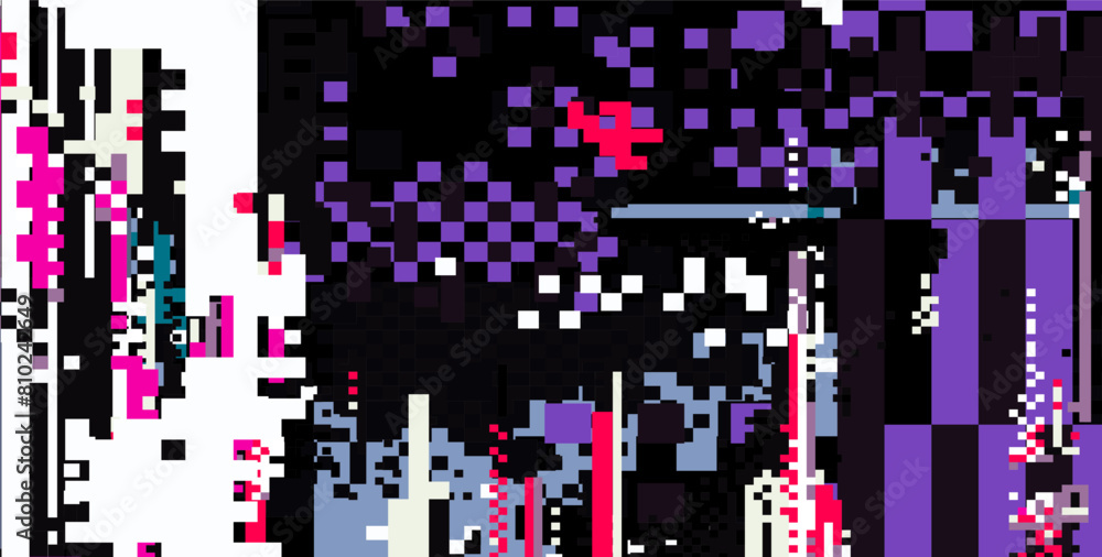 Poster vector illustration of distorted screen with neon glitches and flickering.