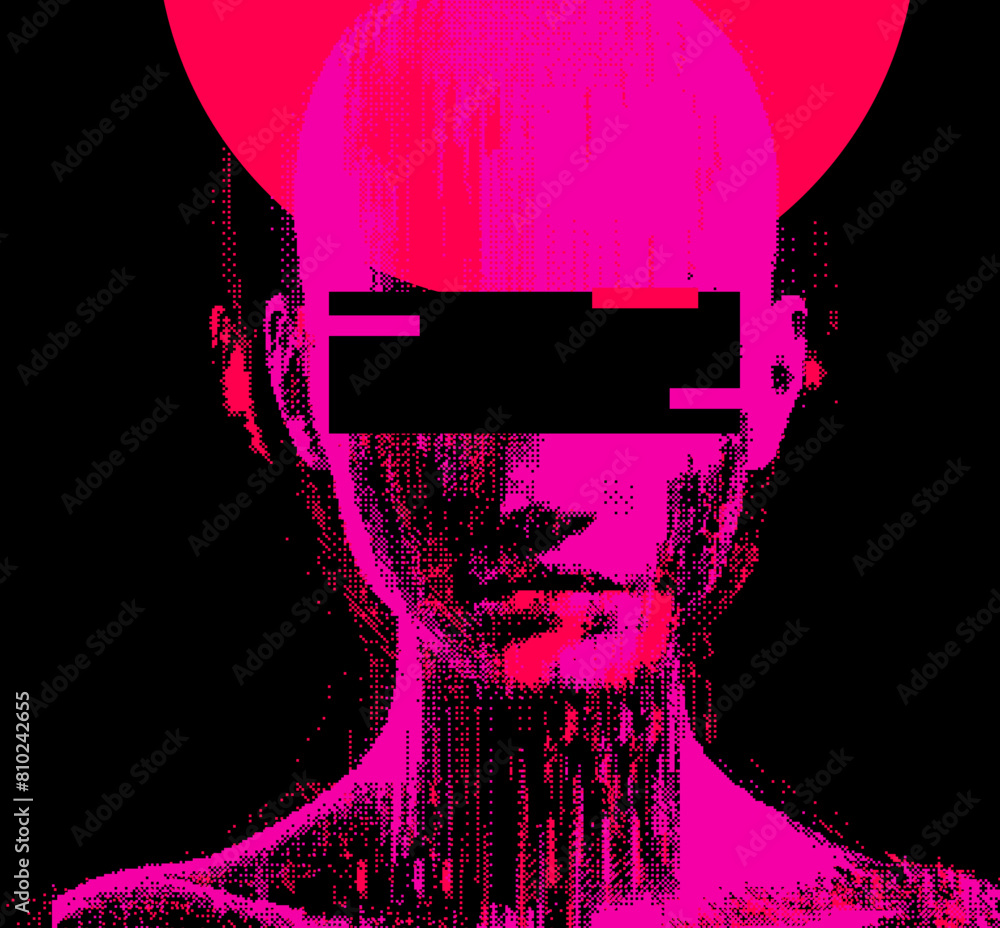 Poster distorted silhouette of a bald human head. conceptual image of facial recognition and anonymity syst