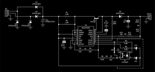 Schematic diagram of electronic device.
Vector drawing electrical circuit with 
integrated circuit, transistor,
resistor, capacitor, diode, led, other components 
on background of paper sheet.