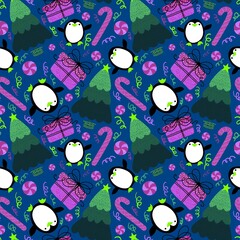 Christmas tree and gift box seamless penguin pattern for wrapping paper and fabrics and linens and kids clothes print