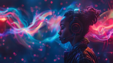 Person wearing a headset with vibrant sound waves emanating and wrapping around them, colorful...