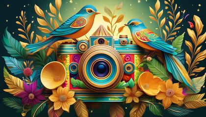 Colorful creative art deco with flowers, birds, and camera on colorful background, visual concept 3D style