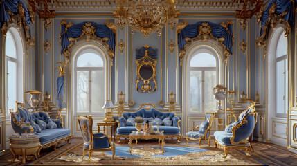classic Rococo-style drawing room, where a blue and gold color scheme reigns supreme, adorning antique furnishings with elegance and grace