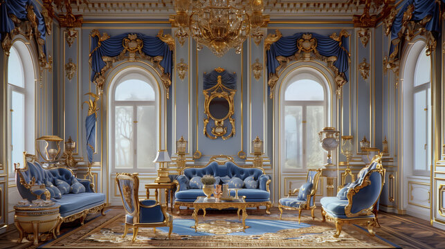 classic Rococo-style drawing room, where a blue and gold color scheme reigns supreme, adorning antique furnishings with elegance and grace