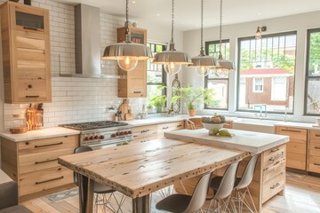 Scandinavian Kitchen: Light wood cabinetry, white subway tile backsplash, marble countertops, pendant lighting, breakfast nook