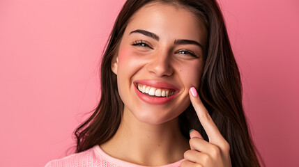 woman pointing her finger at her beautiful perfect teeth thanks to oral care.