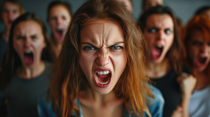 Obraz premium A group of furious and angry women direct their intense gazes towards the camera, their expressions conveying frustration and indignation