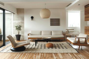 Scandinavian Living Room: Light wood flooring, white walls, mid-century modern furniture, geometric rug, statement pendant light