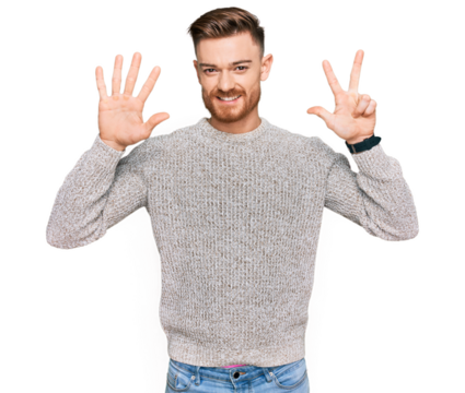 Young redhead man wearing casual winter sweater showing and pointing up with fingers number eight while smiling confident and happy.